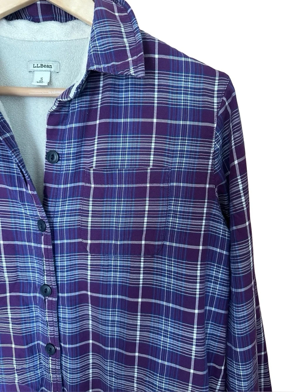 LL Bean Fleece Lined Flannel Shirt Purple Plaid Sz S